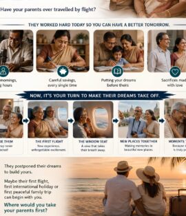 Happy elderly Indian parents receiving their first flight tickets from their son for a comfortable holiday planned from Chennai.