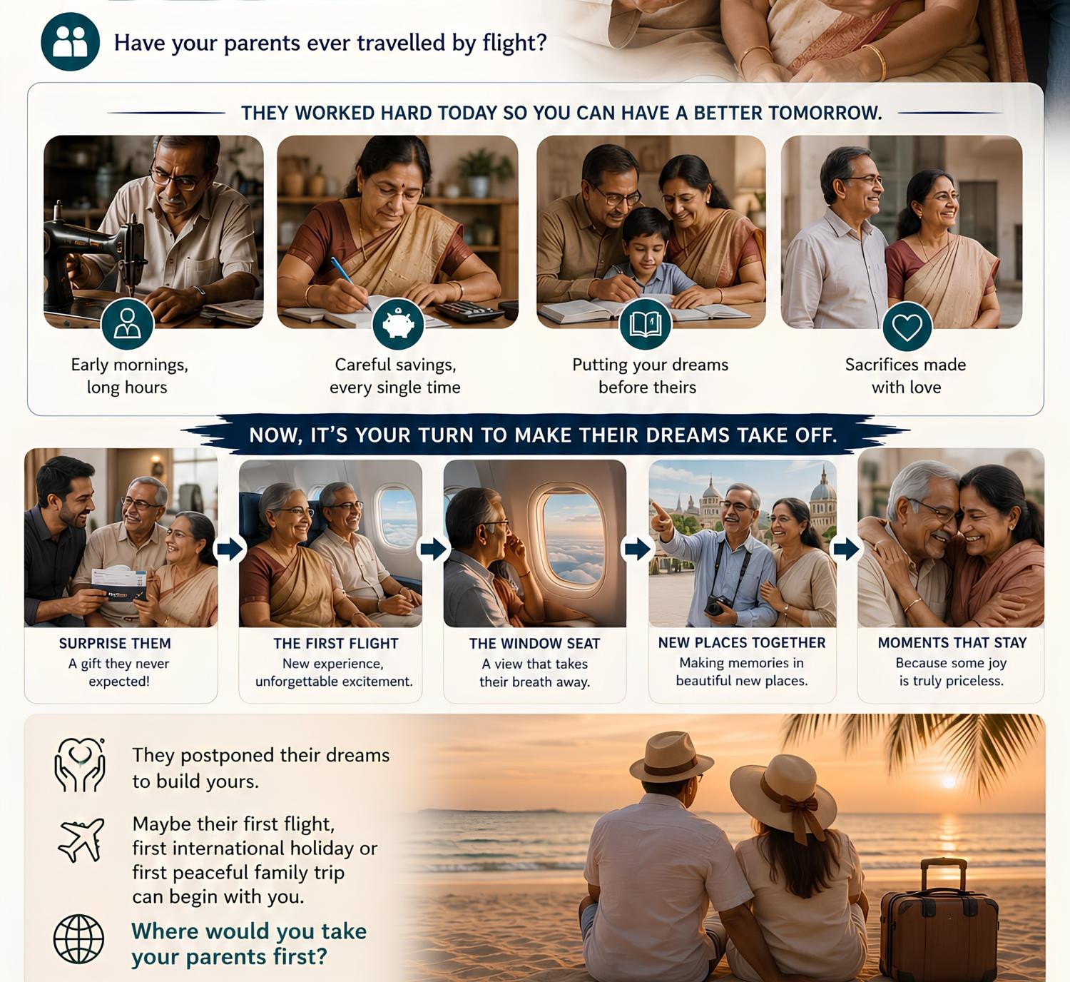 Happy elderly Indian parents receiving their first flight tickets from their son for a comfortable holiday planned from Chennai.