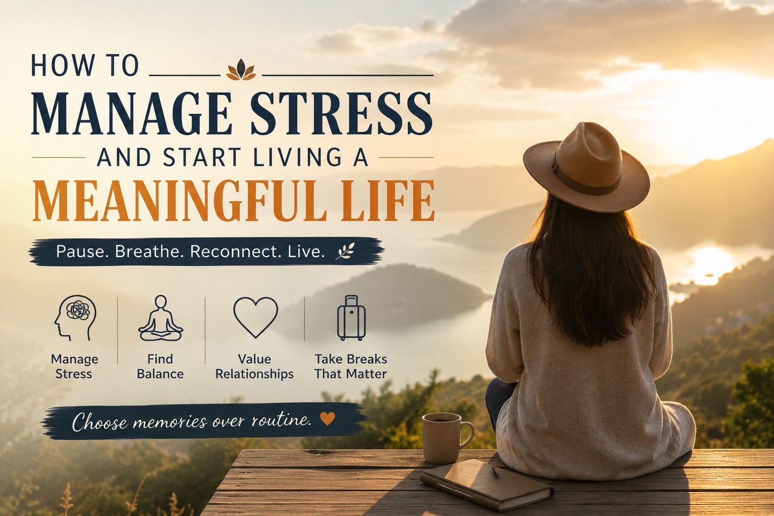 Woman relaxing in a peaceful mountain setting while learning how to manage stress and live a meaningful life