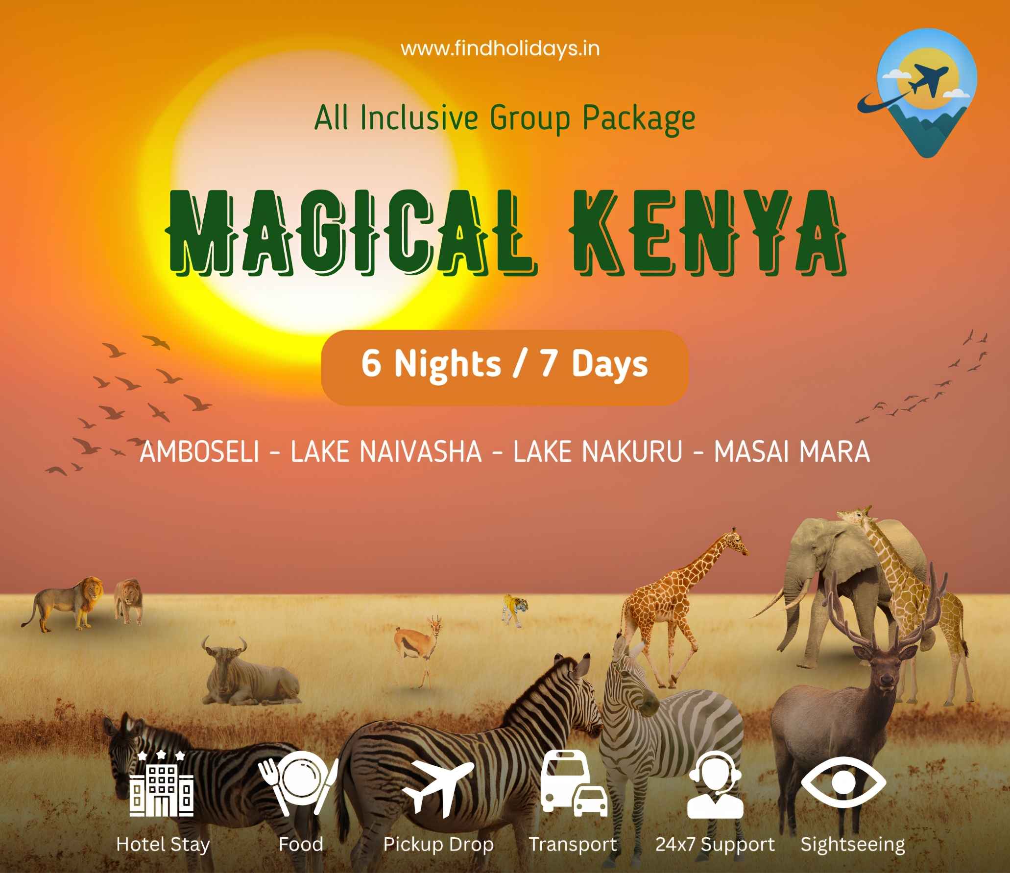 Promotional banner for Magical Kenya all-inclusive 6 Nights 7 Days group package by Findholidays, featuring African wildlife and itinerary destinations Amboseli, Lake Naivasha, Lake Nakuru, and Masai Mara.