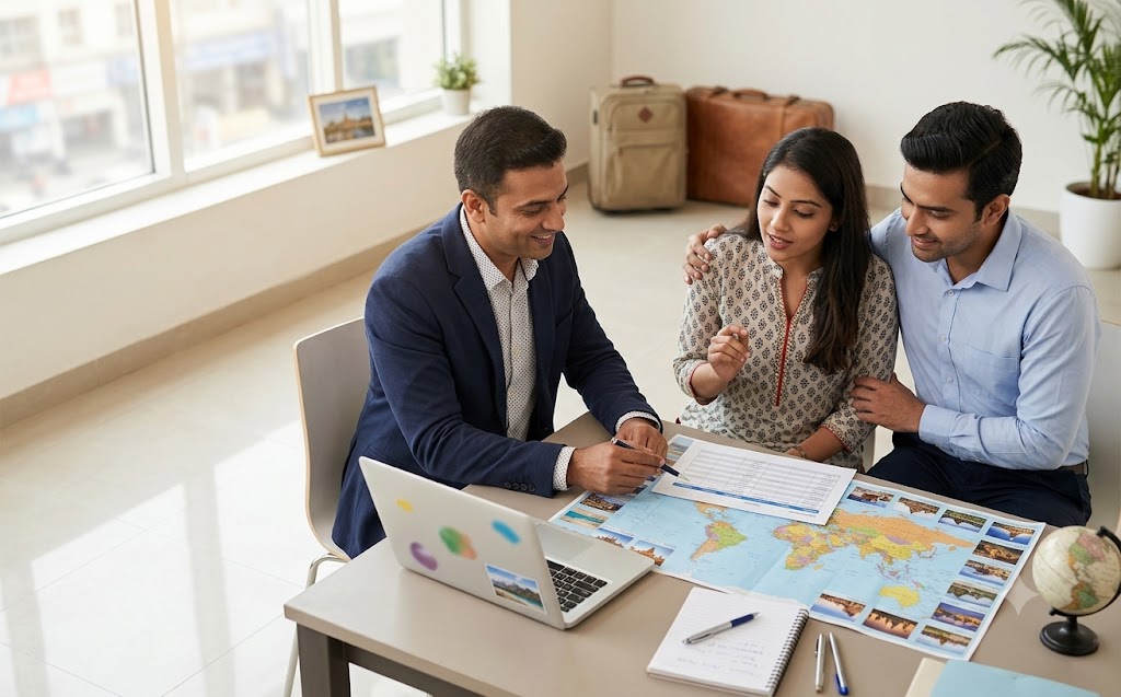 Indian travel consultant explaining holiday package inclusions to a couple