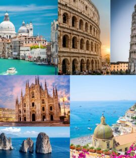 Panoramic view of colorful Positano cliffside villages on the Amalfi Coast featured in FindHolidays affordable Italy tour package from Chennai.