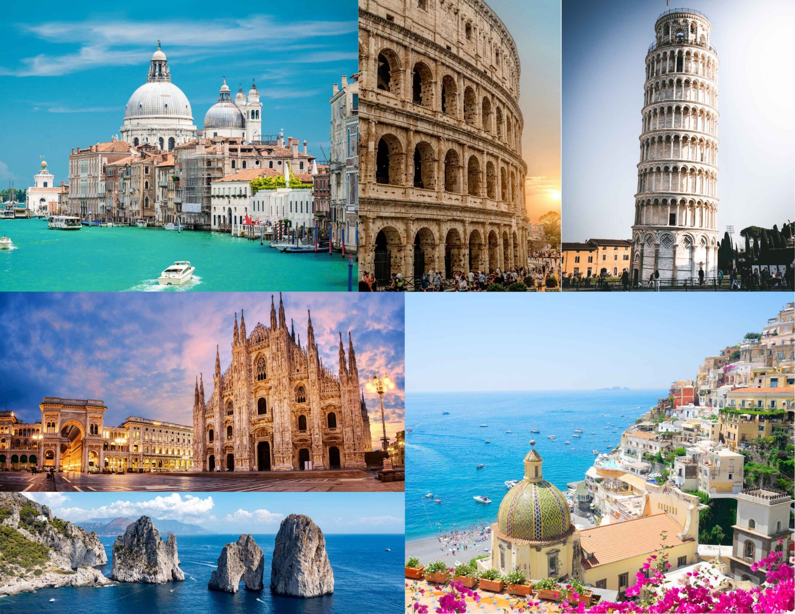 Panoramic view of colorful Positano cliffside villages on the Amalfi Coast featured in FindHolidays affordable Italy tour package from Chennai.
