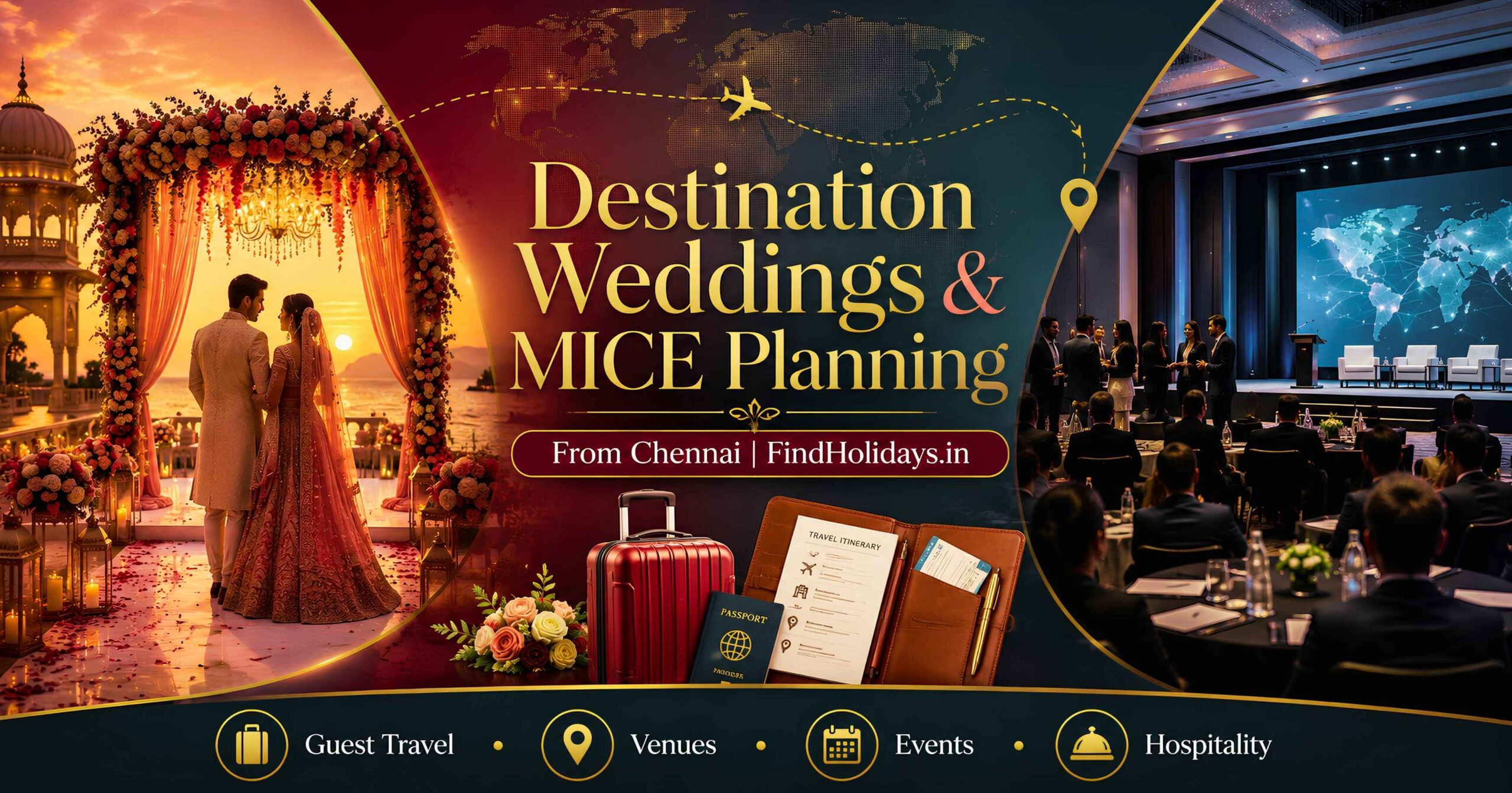 Luxury destination wedding and corporate MICE event with guest travel, venue, event and hospitality planning from Chennai