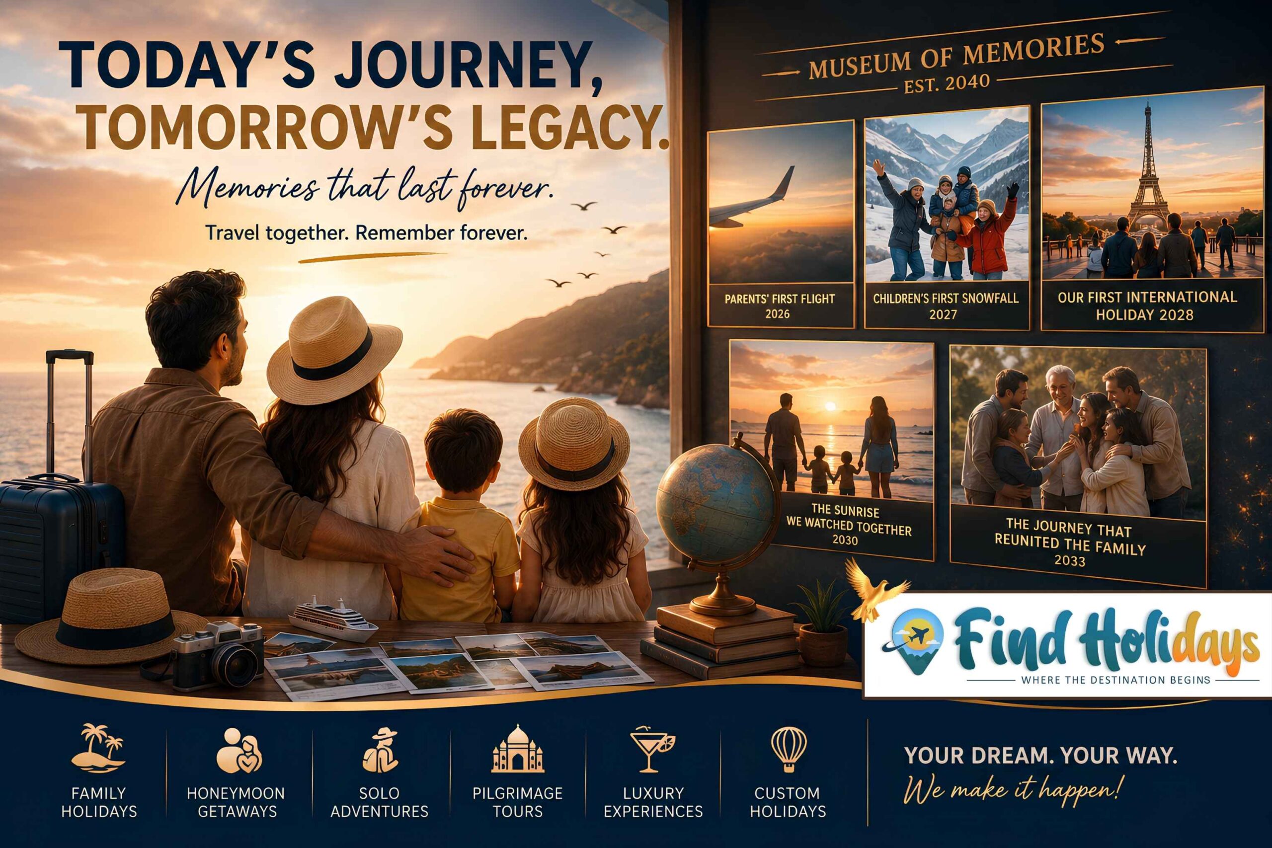 Family viewing their first flight, snowfall, international holiday, sunrise and reunion memories inside a futuristic museum