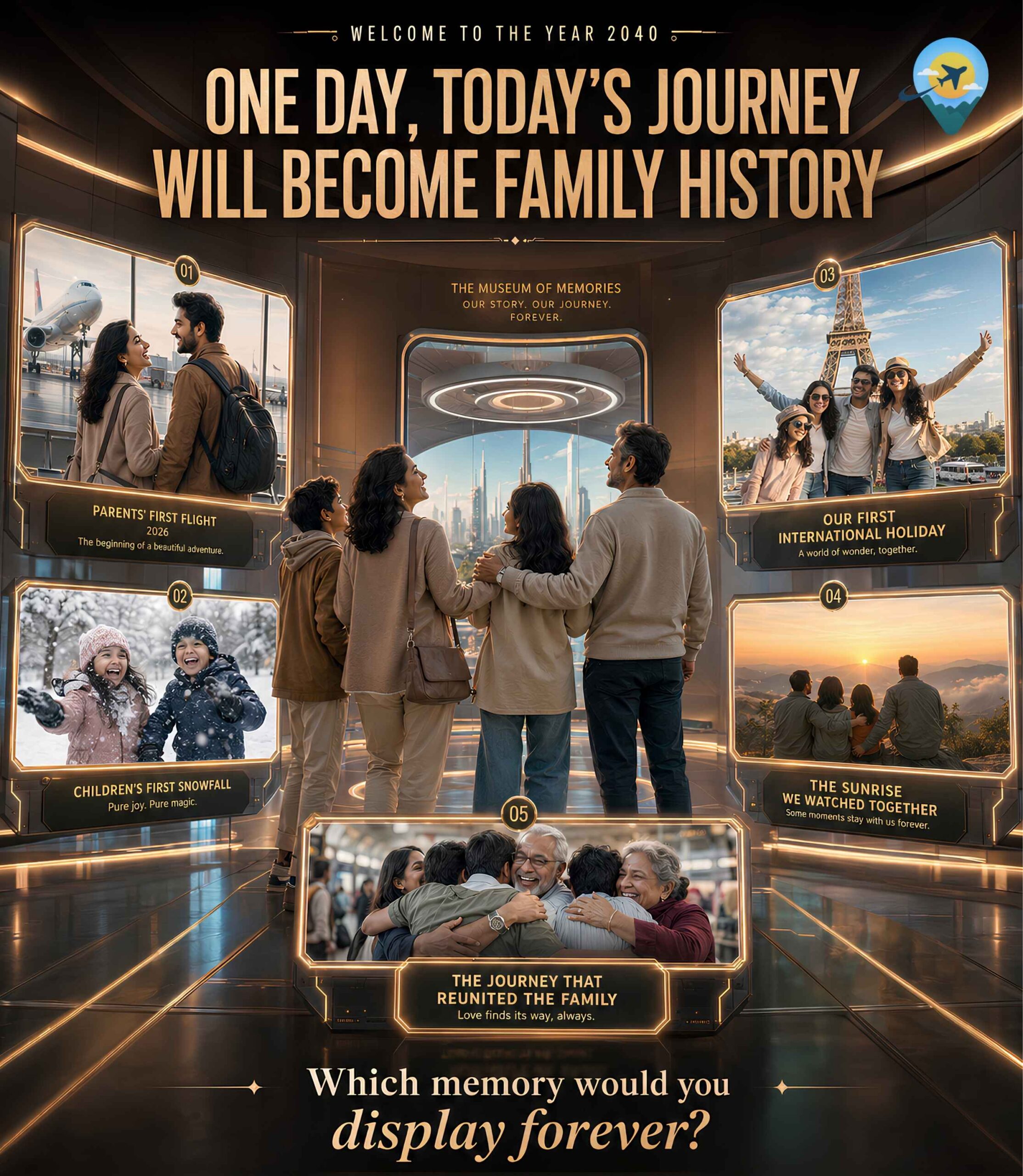 Family exploring a futuristic museum of travel memories featuring first flights, snowfall, international holidays and a reunion