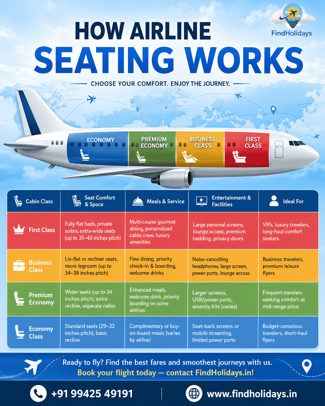 Infographic showing airline seating classes including Economy, Premium Economy, Business Class and First Class with features and ideal traveller types