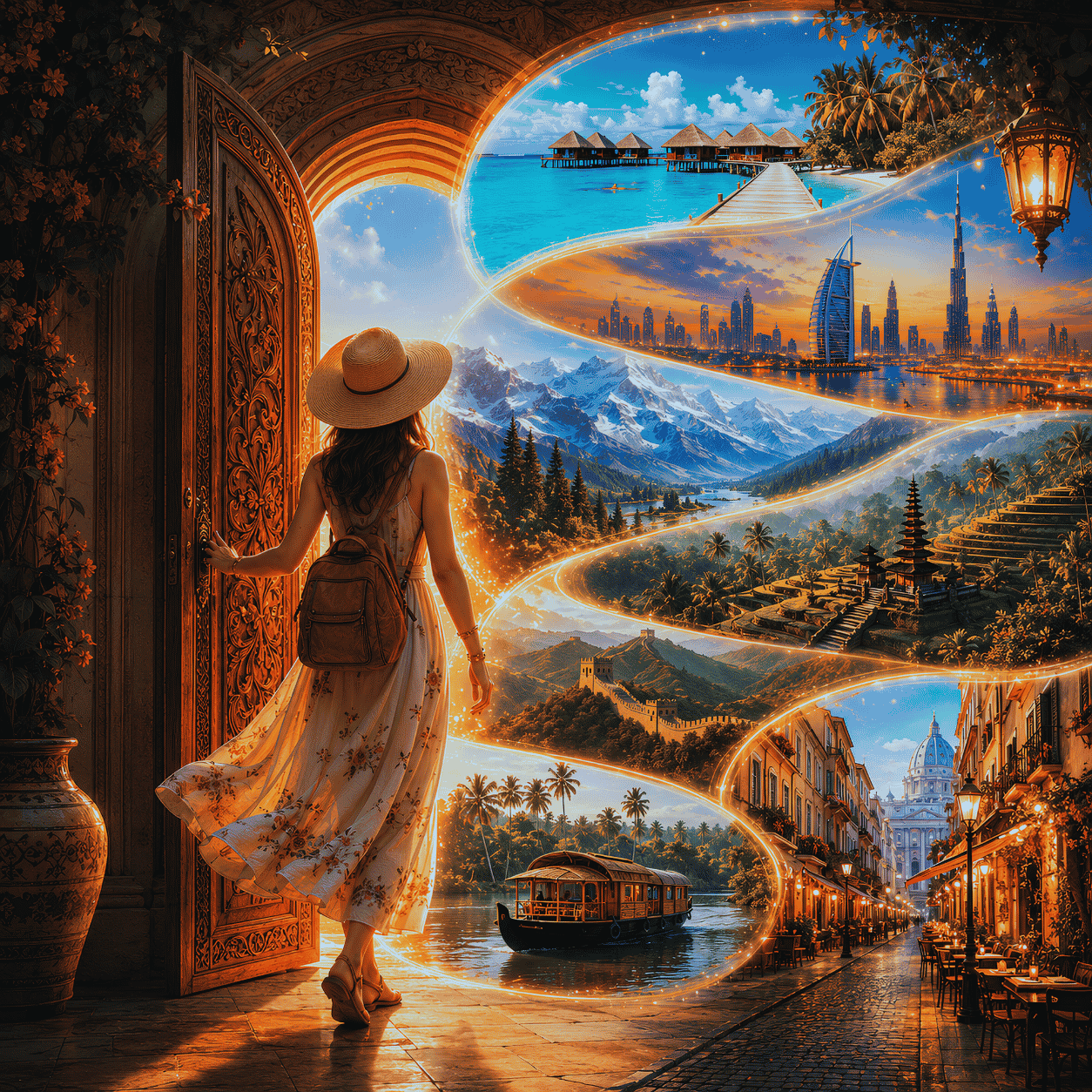One Door Twenty Worlds Travel Guide by FindHolidays A traveller standing before a magical doorway opening into multiple dream destinations including Maldives, Dubai, Kashmir, Bali, China, Kerala and Europe