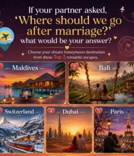 Romantic couple looking at honeymoon destinations including Maldives, Bali, Switzerland, Dubai and Paris