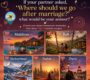 Romantic couple looking at honeymoon destinations including Maldives, Bali, Switzerland, Dubai and Paris