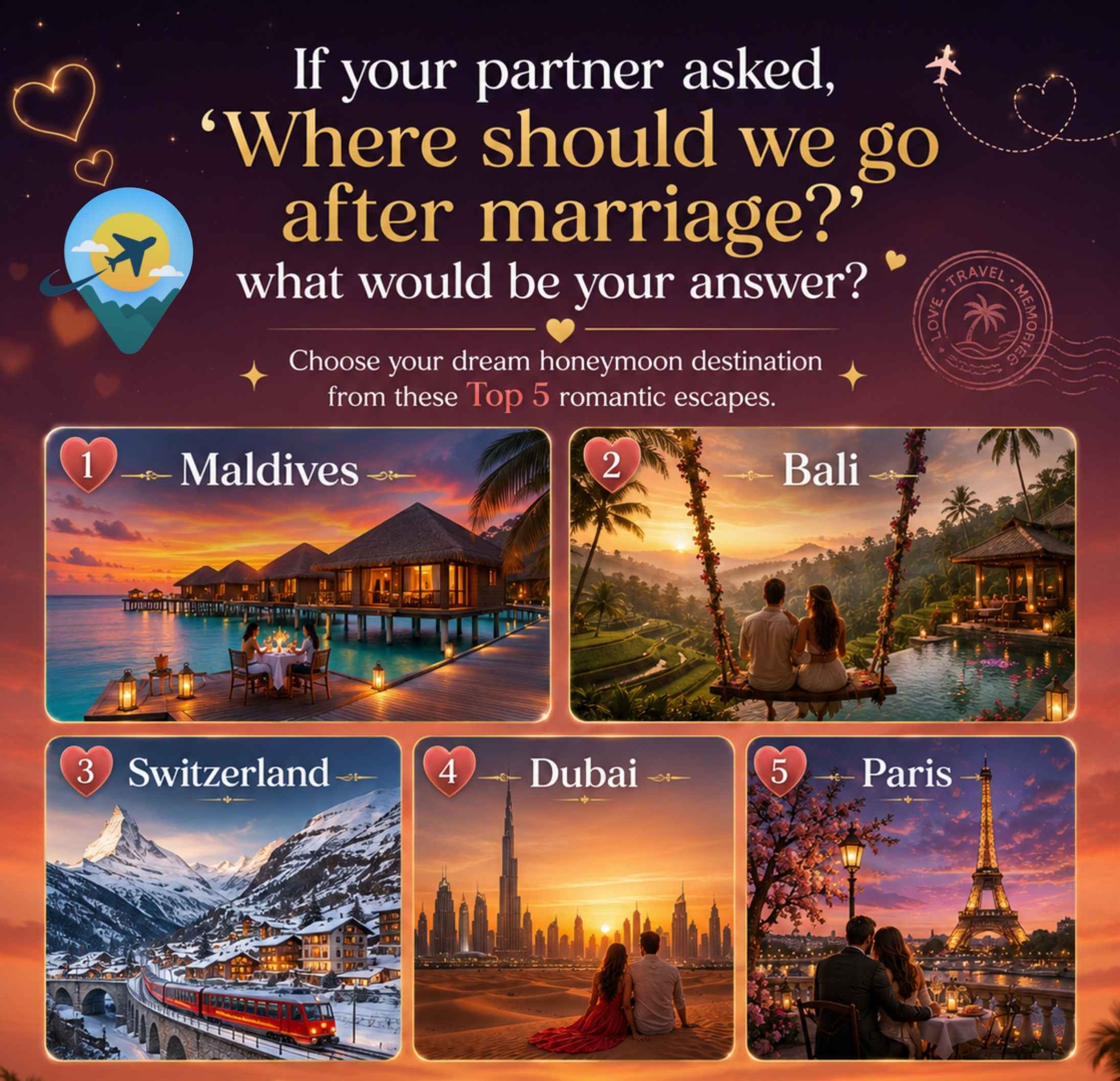 Romantic couple looking at honeymoon destinations including Maldives, Bali, Switzerland, Dubai and Paris