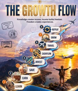 The Growth Flow poster showing learn, earn, save, invest, cashflow, travel, grow and repeat