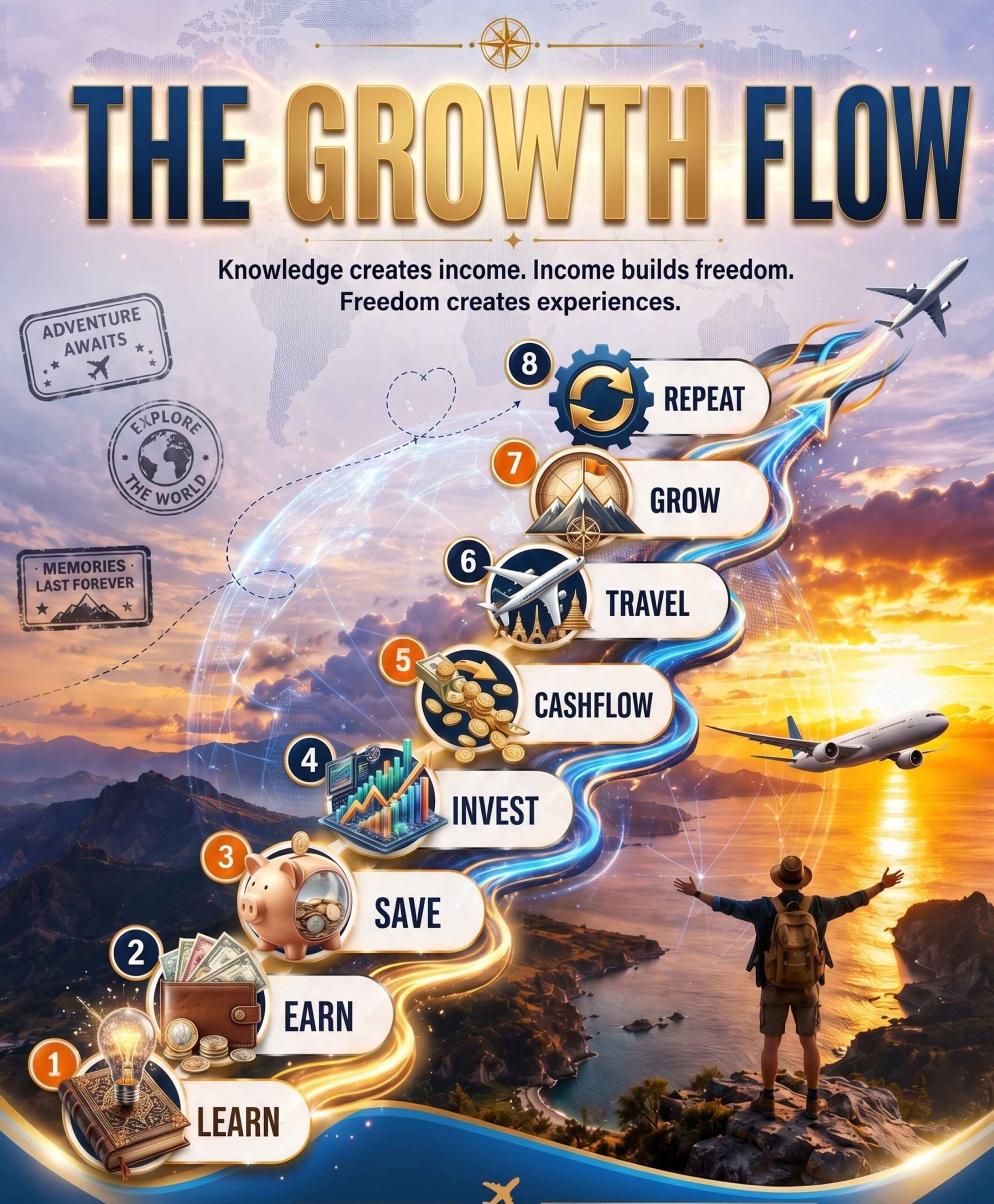 The Growth Flow poster showing learn, earn, save, invest, cashflow, travel, grow and repeat