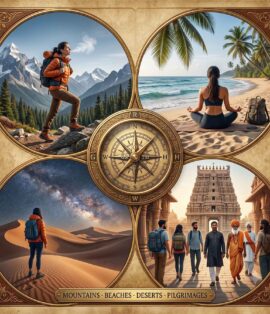 Photorealistic collage of four wellness travel environments: a hiker in the mountains, a woman meditating on a beach, a person reflecting in a desert, and pilgrims walking toward a South Indian temple, centered around an ornate brass compass.