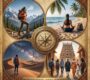 Photorealistic collage of four wellness travel environments: a hiker in the mountains, a woman meditating on a beach, a person reflecting in a desert, and pilgrims walking toward a South Indian temple, centered around an ornate brass compass.