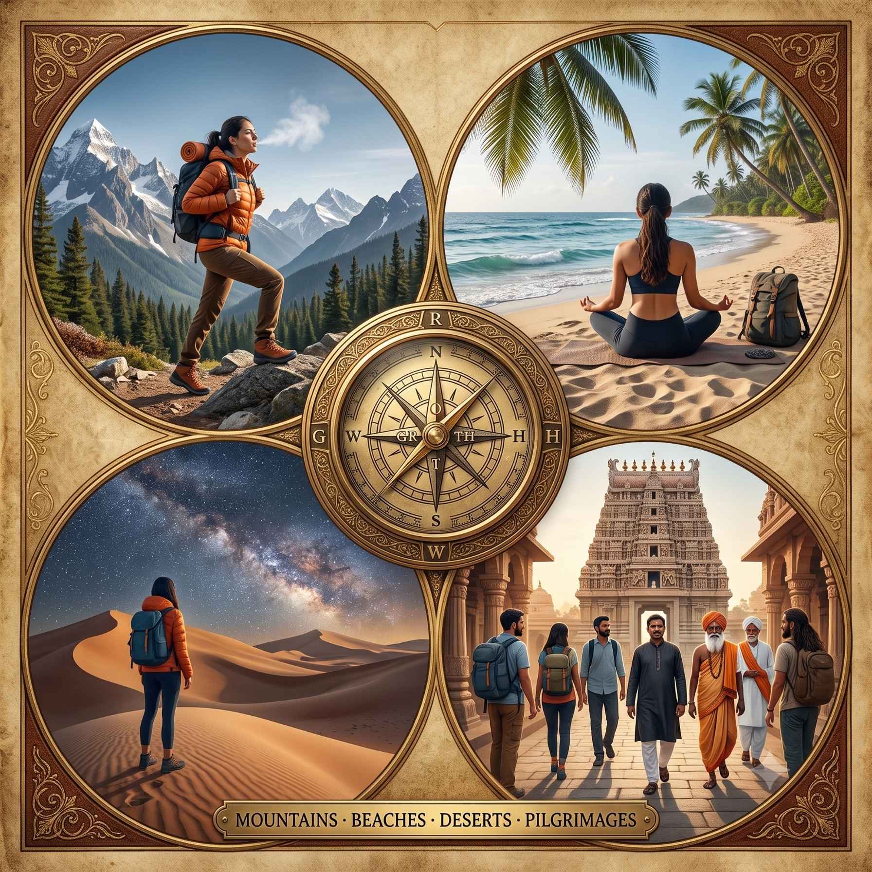 Photorealistic collage of four wellness travel environments: a hiker in the mountains, a woman meditating on a beach, a person reflecting in a desert, and pilgrims walking toward a South Indian temple, centered around an ornate brass compass.