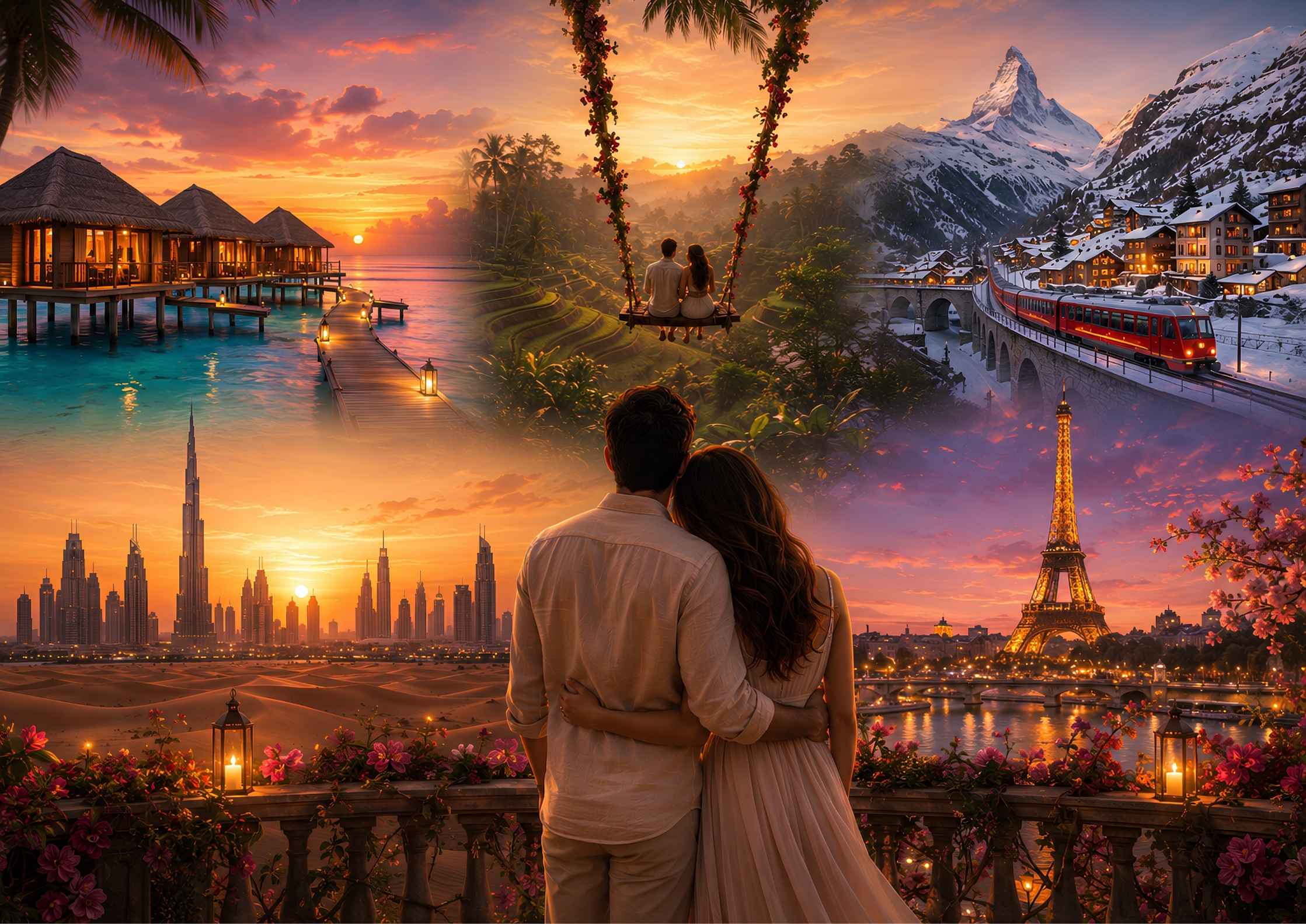 Where Should We Go After Marriage? Top 5 Honeymoon Destinations Newly married couples comparing Maldives, Bali, Switzerland, Dubai and Paris as their dream honeymoon destination