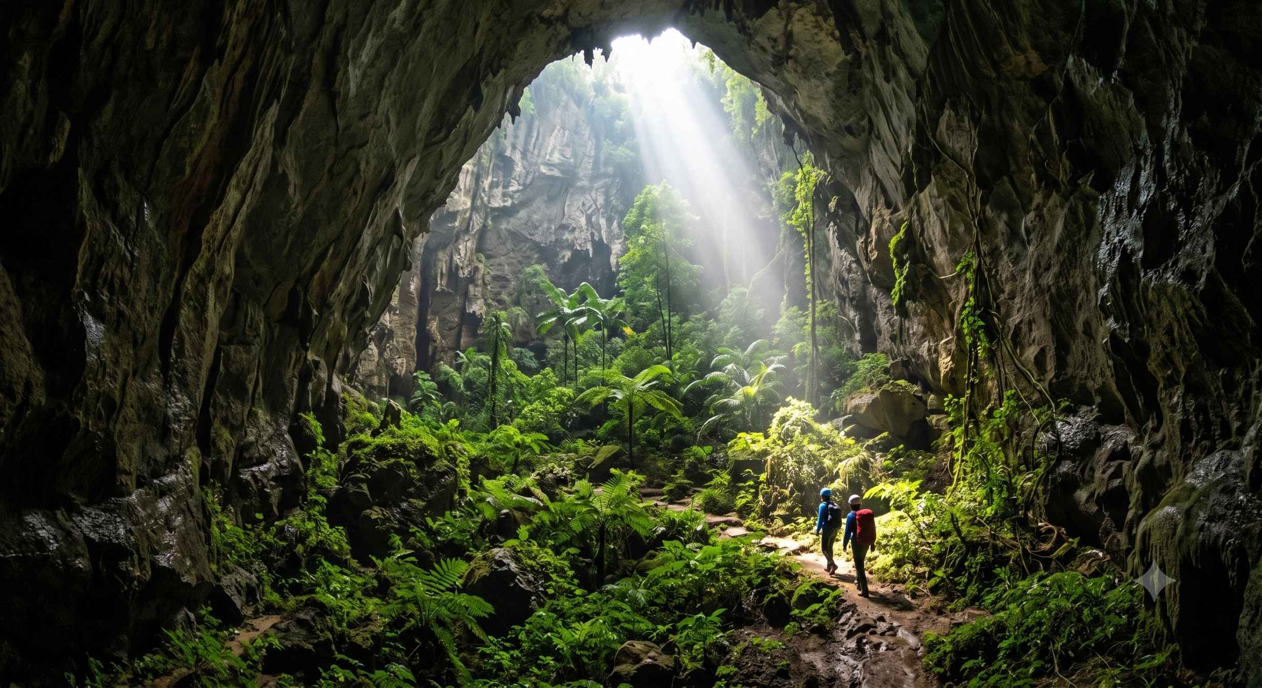 The lush underground jungle inside Hang Son Doong cave, illuminated by a brilliant sunbeam