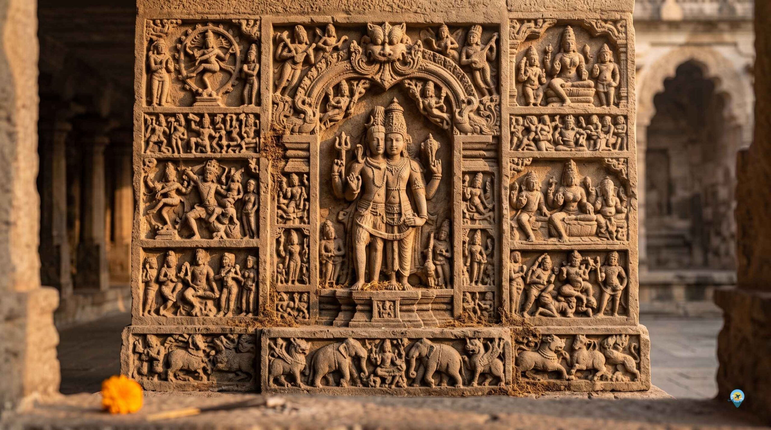 Intricate Mythological Stone Carvings of Ancient India Highly detailed close-up of ancient Indian temple stone carvings showing mythological figures and celestial beings bathed in golden sunset light