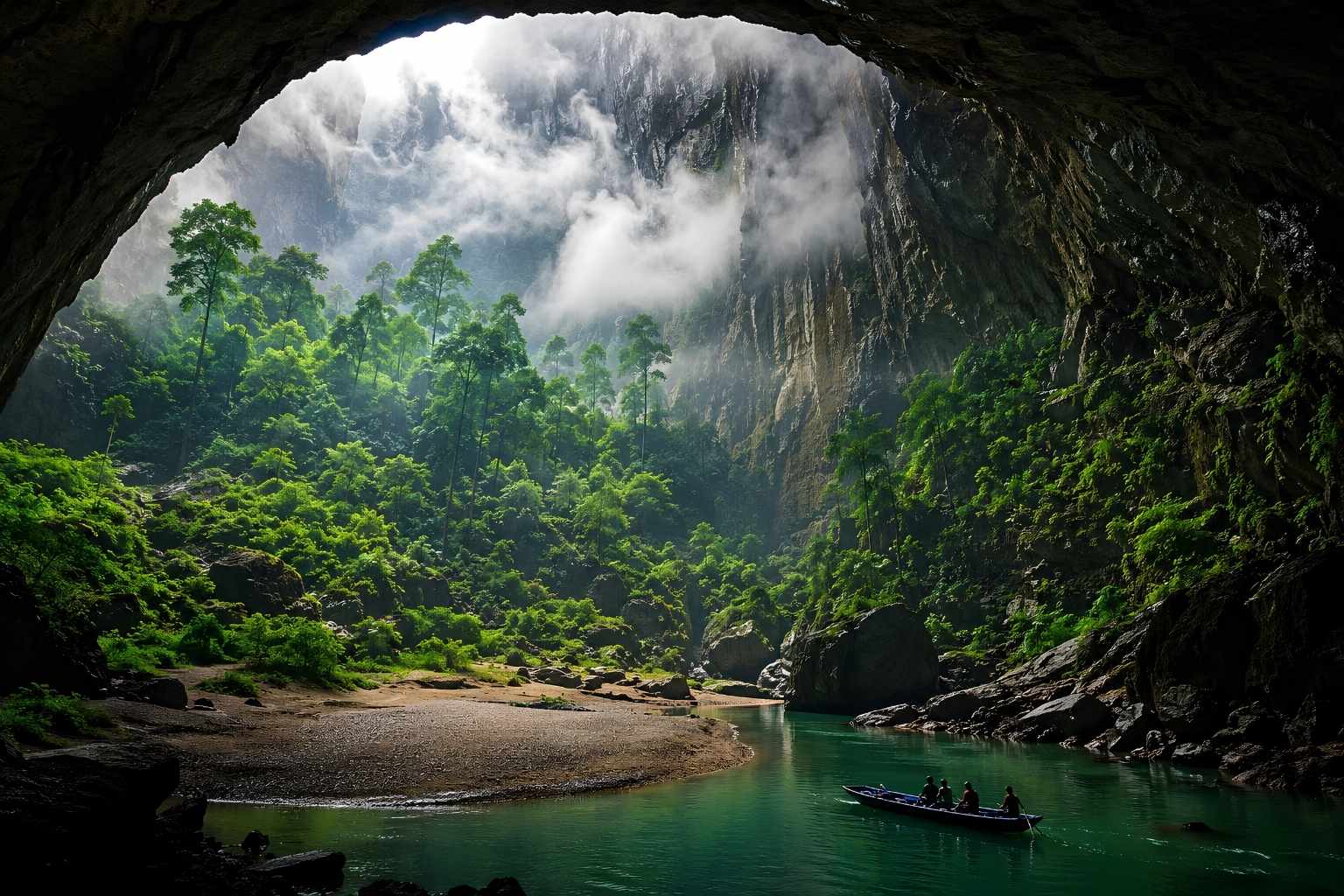 A World Without a Sky: Hang Son Doong Stunning landscape view of sunlight piercing through a massive doline into the jungles of Hang Son Doong Cave, Vietnam