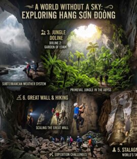 A visual collage of Hang Sơn Đoòng cave features, including its unbelievable scale compared to skyscrapers, subterranean weather system, the Garden of Edam jungle, underground river boating, giant stalagmites, ancient fossils, and explorers scaling the Great Wall of Vietnam.