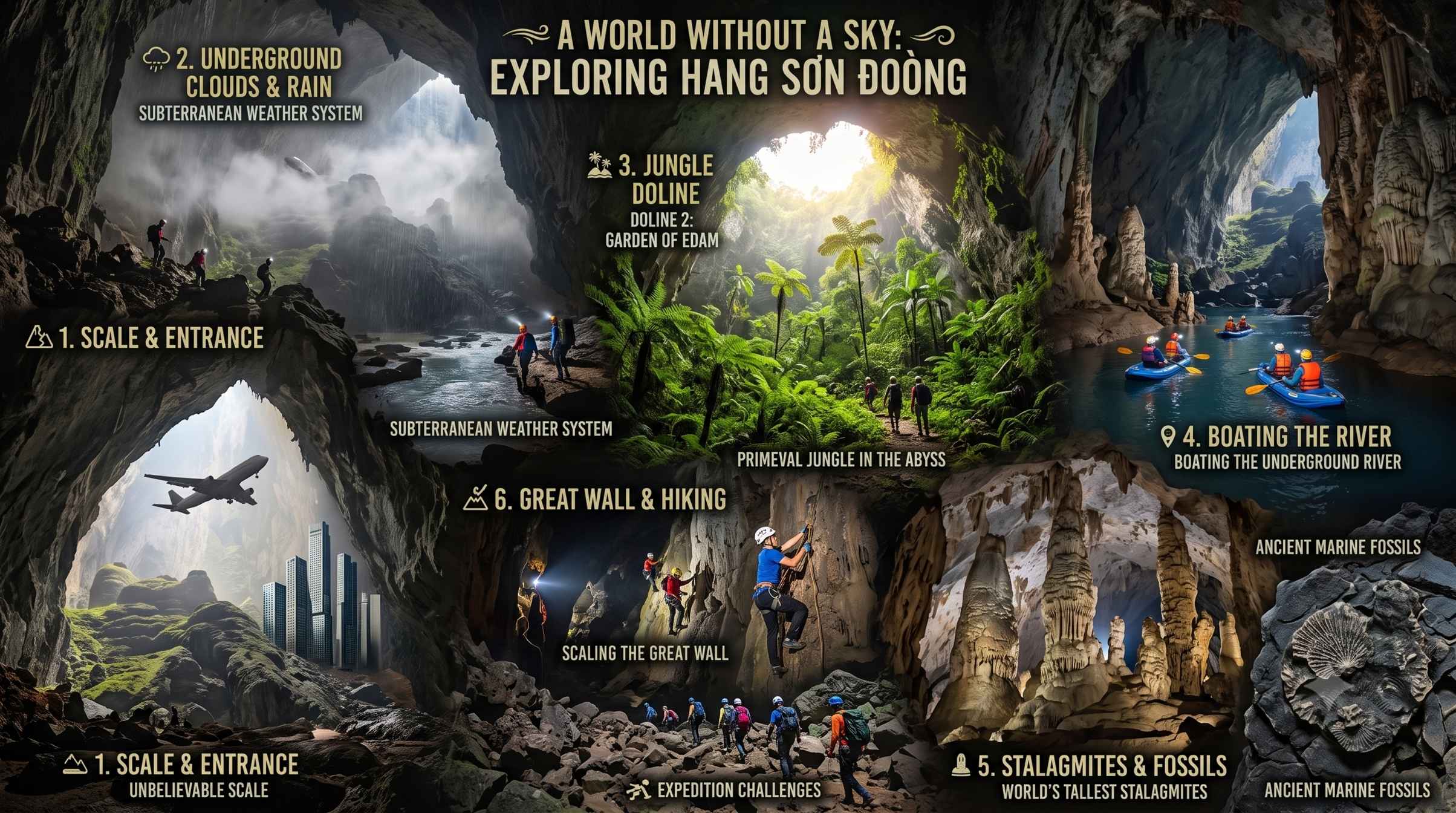 A visual collage of Hang Sơn Đoòng cave features, including its unbelievable scale compared to skyscrapers, subterranean weather system, the Garden of Edam jungle, underground river boating, giant stalagmites, ancient fossils, and explorers scaling the Great Wall of Vietnam.