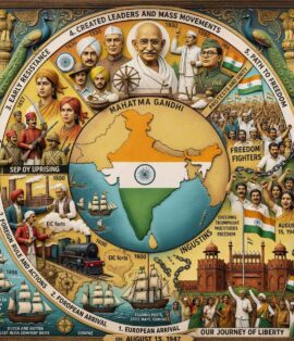 A detailed circular illustration showing the timeline of India's freedom struggle from 1600 to 1947, featuring the Indian map, freedom fighters like Mahatma Gandhi, early European ships, and the Red Fort on Independence Day.