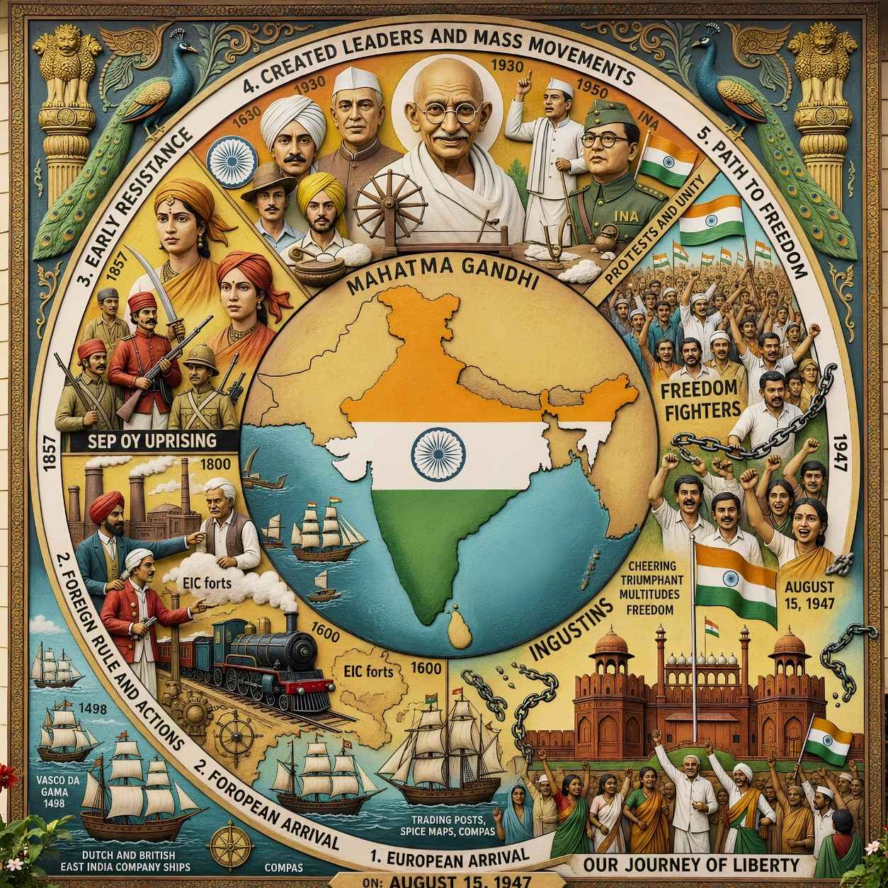 A detailed circular illustration showing the timeline of India's freedom struggle from 1600 to 1947, featuring the Indian map, freedom fighters like Mahatma Gandhi, early European ships, and the Red Fort on Independence Day.