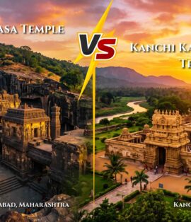 A side-by-side landscape comparison of the rock-cut Kailasa Temple at Ellora and the structural Kanchi Kailasanathar Temple in Tamil Nadu during sunset.