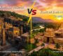 A side-by-side landscape comparison of the rock-cut Kailasa Temple at Ellora and the structural Kanchi Kailasanathar Temple in Tamil Nadu during sunset.