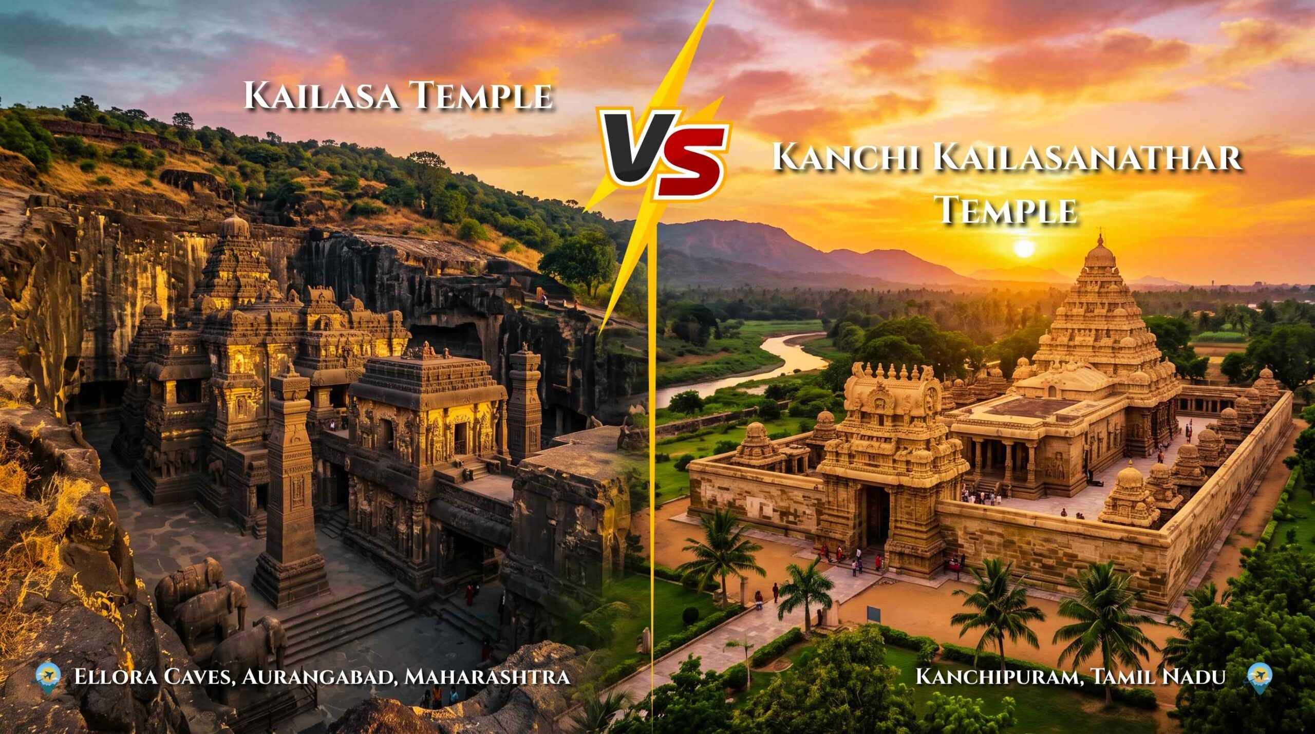 A side-by-side landscape comparison of the rock-cut Kailasa Temple at Ellora and the structural Kanchi Kailasanathar Temple in Tamil Nadu during sunset.