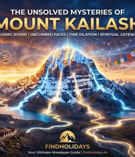 Feature image for The Unsolved Mysteries of Mount Kailash showing the sacred peak glowing with cosmic energy, the four rivers of life, and pilgrims trekking, presented by FindHolidays.