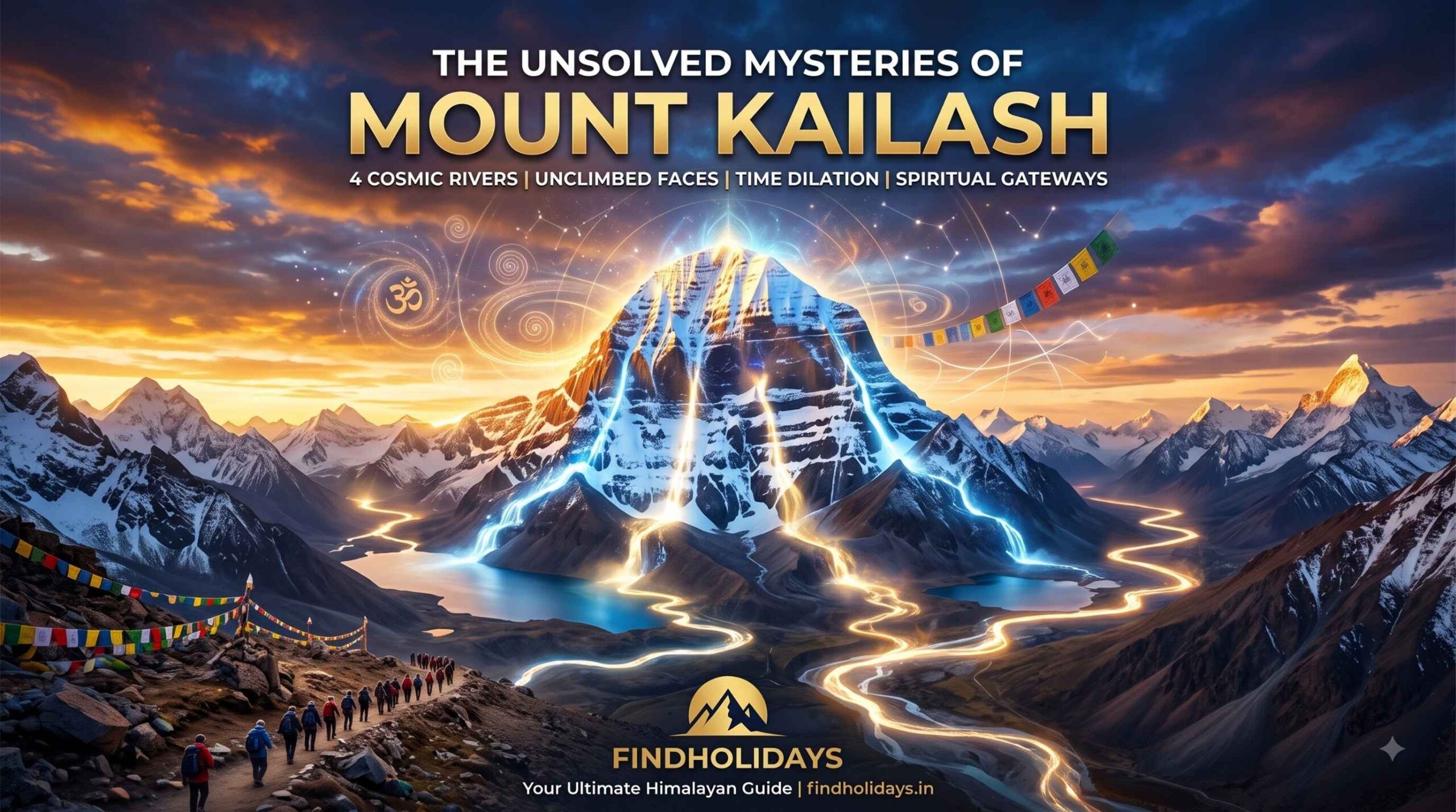 Feature image for The Unsolved Mysteries of Mount Kailash showing the sacred peak glowing with cosmic energy, the four rivers of life, and pilgrims trekking, presented by FindHolidays.