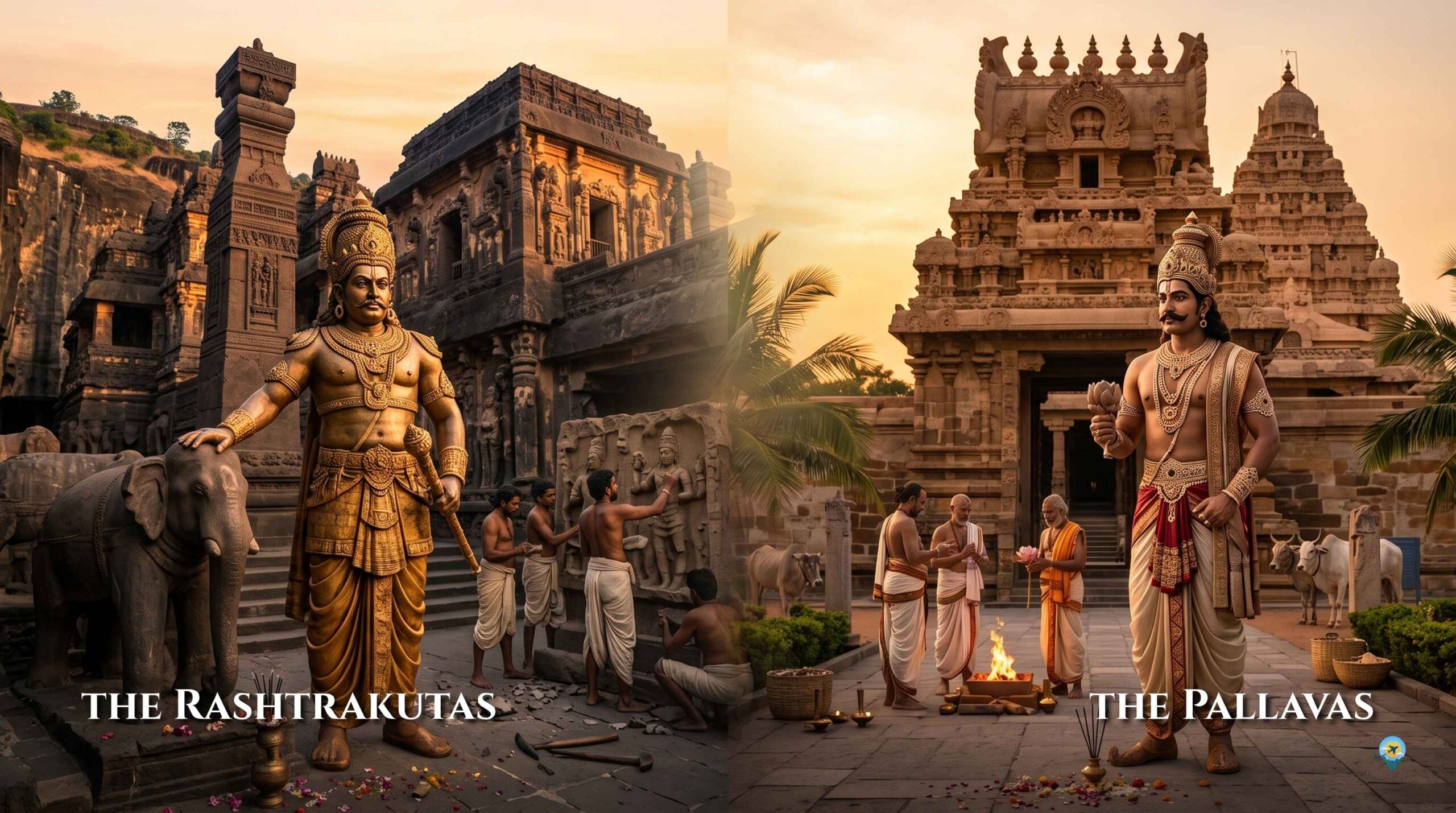 Ancient Creators of Kailasa and Kanchipuram Temples Realistic historic recreation of ancient Pallava and Rashtrakuta kings standing proudly in front of the Kanchi Kailasanathar and Ellora Kailasa temples