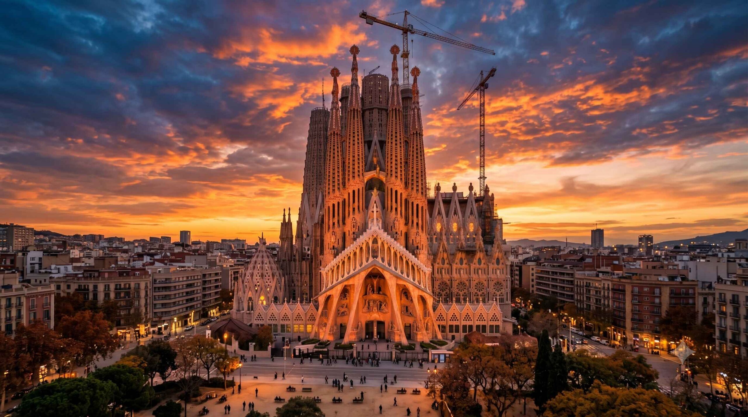 The towering spires of the Basílica de la Sagrada Família in Barcelona illuminated against a sunset sky