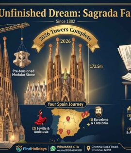 An infographic titled The Unfinished Dream: Sagrada Família showcasing Antoni Gaudí, the 2026 tower completion, and a Spain tour map.