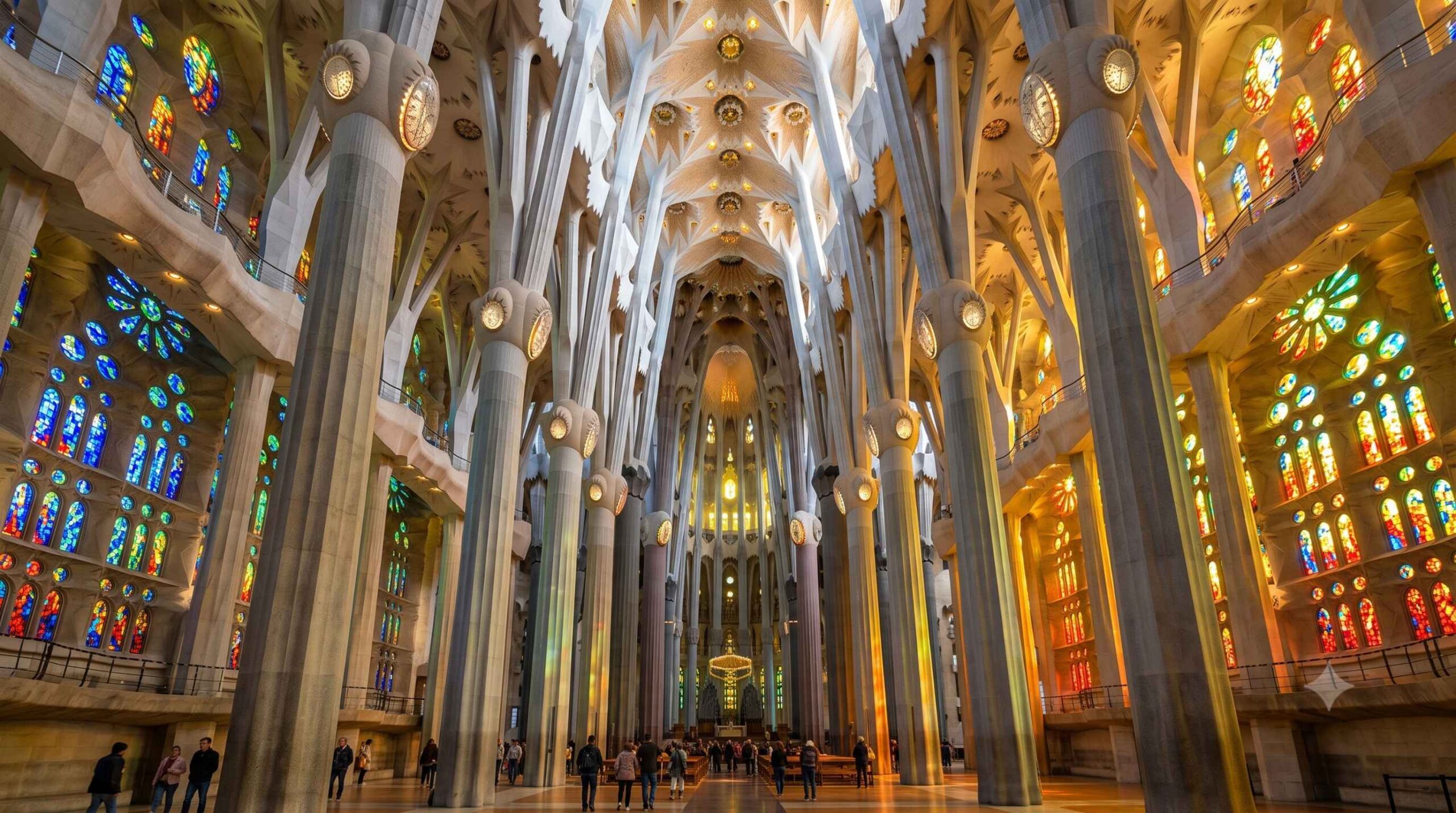 The colorful stained glass windows and tree-like pillars inside the nave of the Sagrada Familia