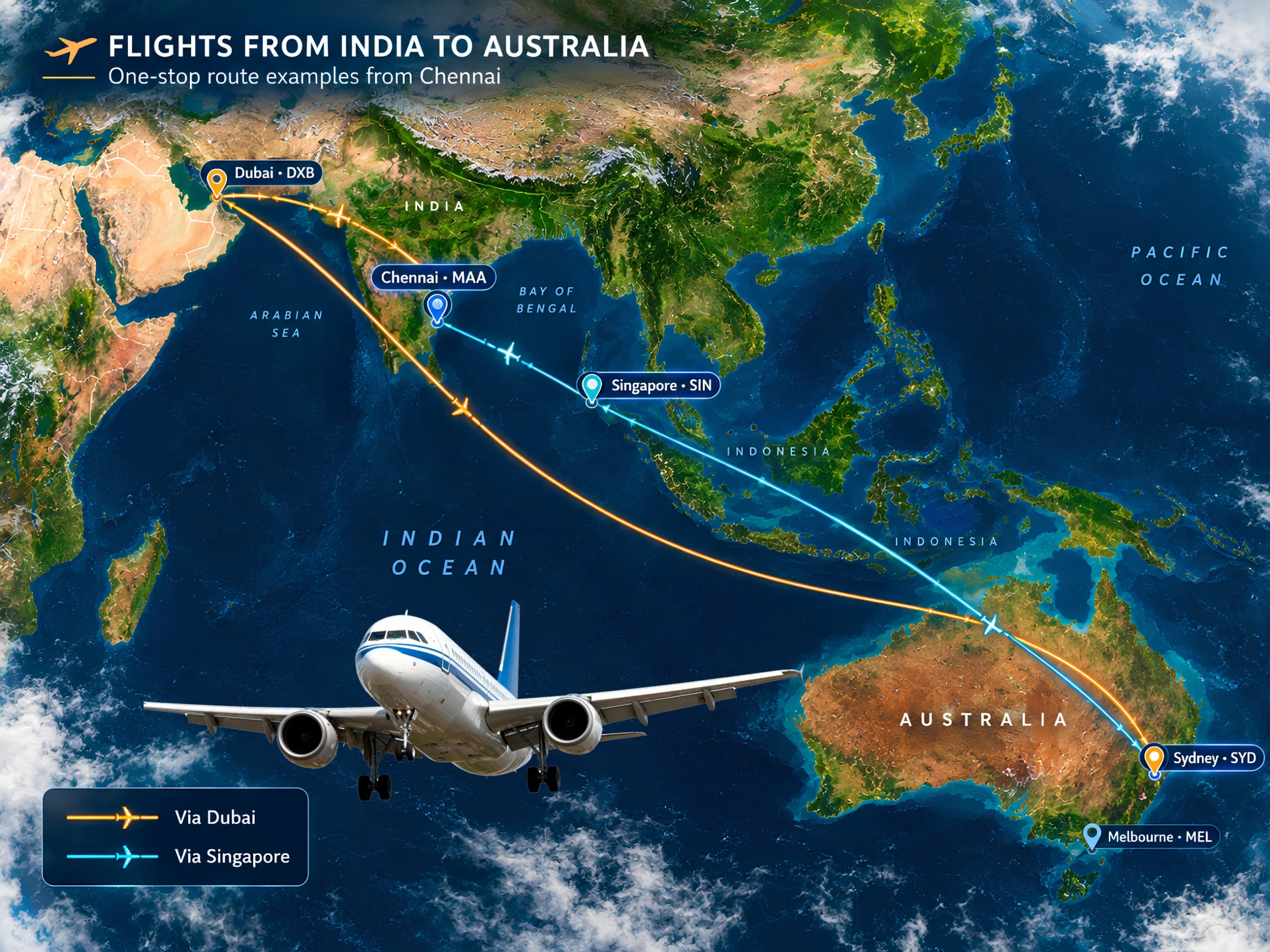 Australia flight route planning from India showing a long-haul travel connection