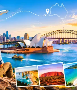 Australia travel guide from India featuring Sydney Opera House, Harbour Bridge, koala and Australian destinations