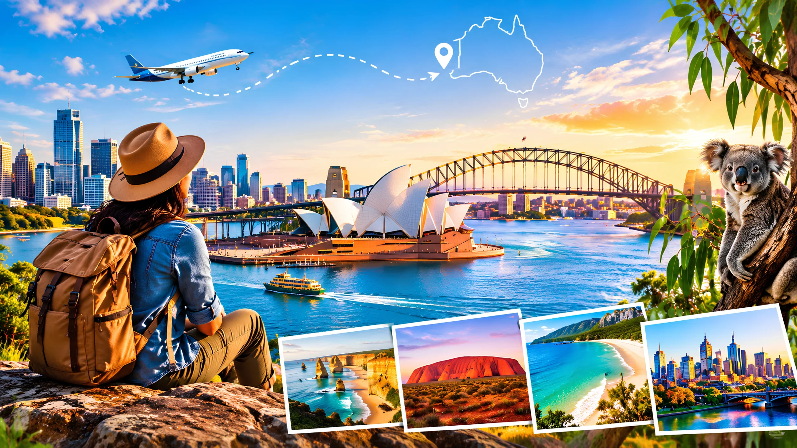 Australia travel guide from India featuring Sydney Opera House, Harbour Bridge, koala and Australian destinations
