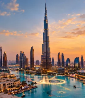 Dubai skyline at sunset with Burj Khalifa for Dubai tour packages from Chennai