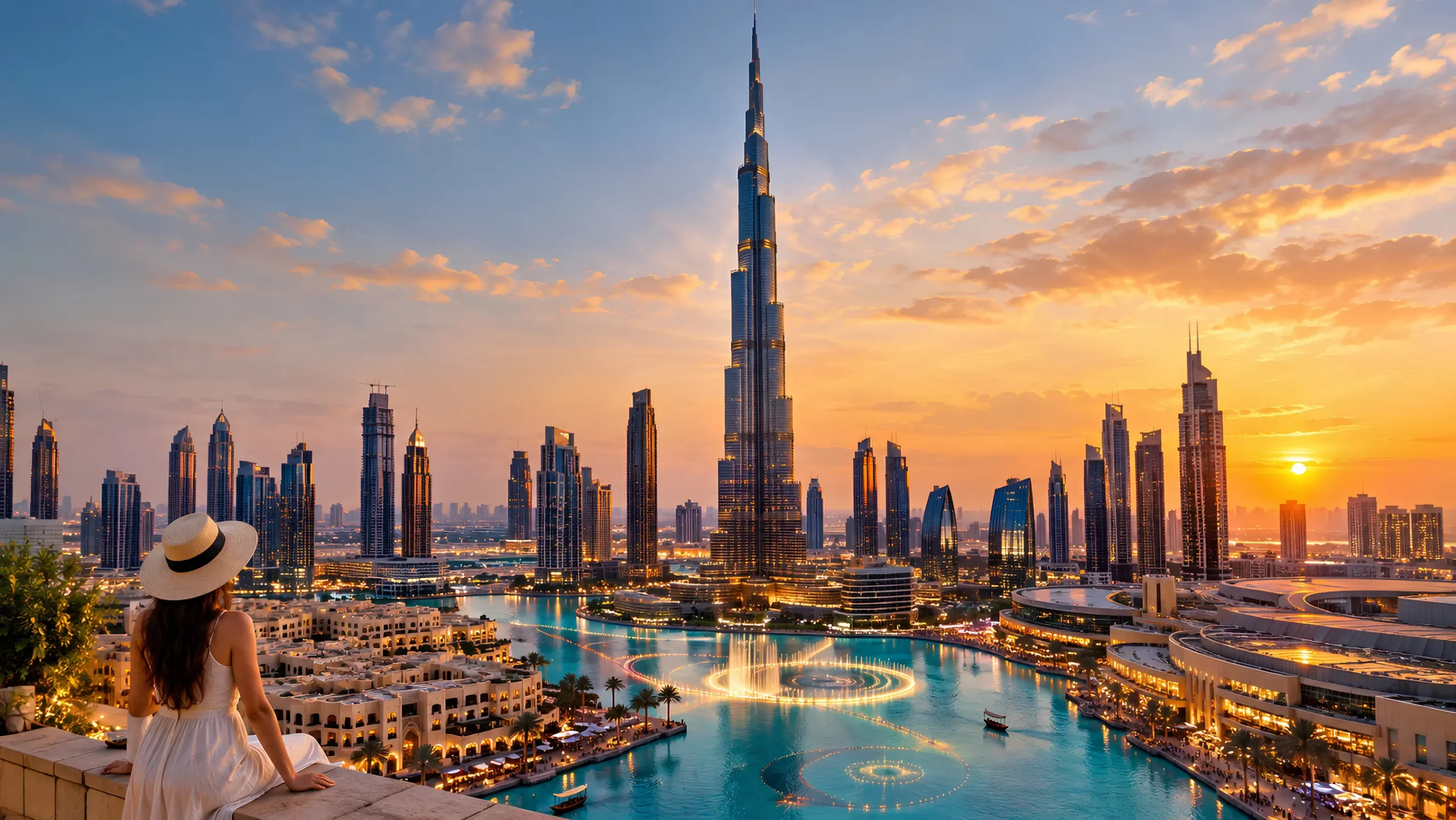 Dubai skyline at sunset with Burj Khalifa for Dubai tour packages from Chennai