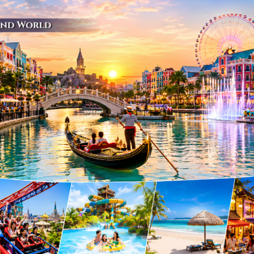 The colorful Venetian-style canals of Grand World in Phu Quoc at night.