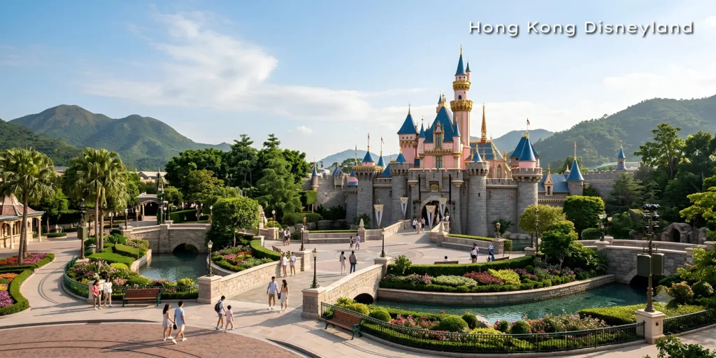 The magical fairytale castle at Hong Kong Disneyland surrounded by bright blue skies and joyful visitors.