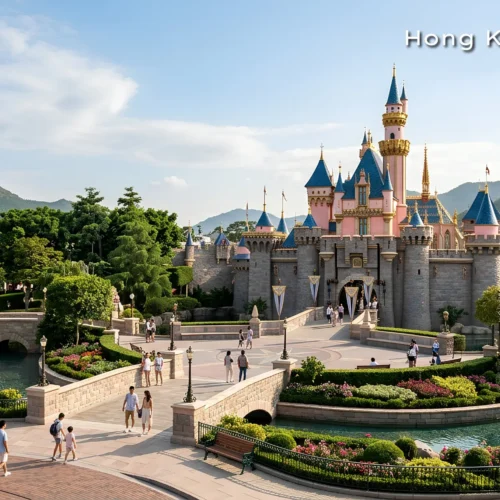 The magical fairytale castle at Hong Kong Disneyland surrounded by bright blue skies and joyful visitors.