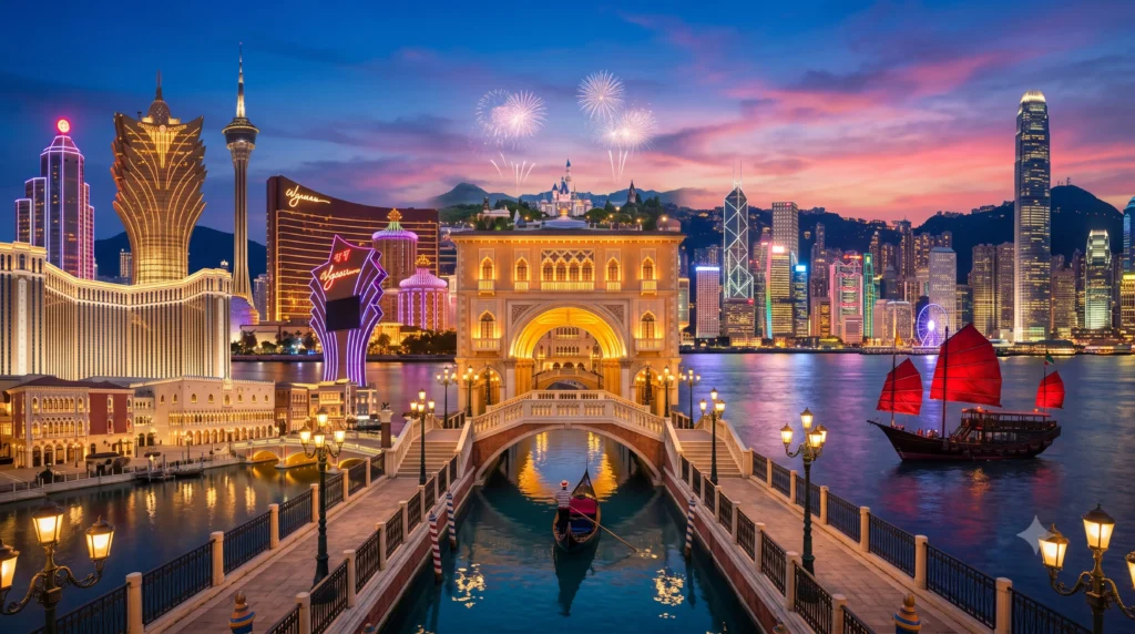 Hong Kong & Macau Tour Package 4N/5D | Disneyland - Panoramic twilight view blending the Hong Kong Victoria Harbour skyline with a red junk boat, Macau's illuminated casino resorts, and a central Venetian canal with a gondola.