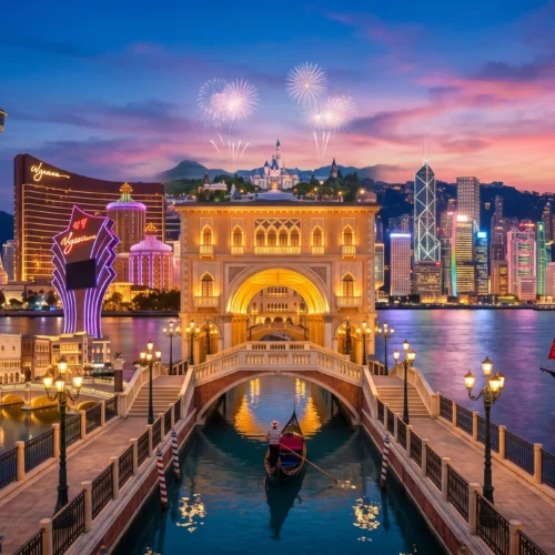 Hong Kong & Macau Tour Package 4N/5D | Disneyland - Panoramic twilight view blending the Hong Kong Victoria Harbour skyline with a red junk boat, Macau's illuminated casino resorts, and a central Venetian canal with a gondola.