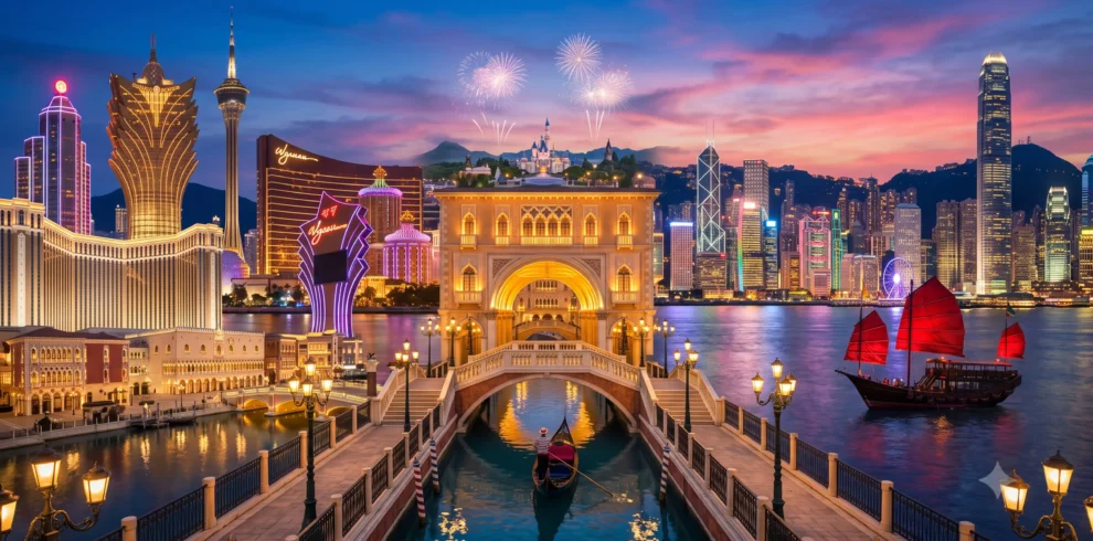 Hong Kong & Macau Tour Package 4N/5D | Disneyland - Panoramic twilight view blending the Hong Kong Victoria Harbour skyline with a red junk boat, Macau's illuminated casino resorts, and a central Venetian canal with a gondola.