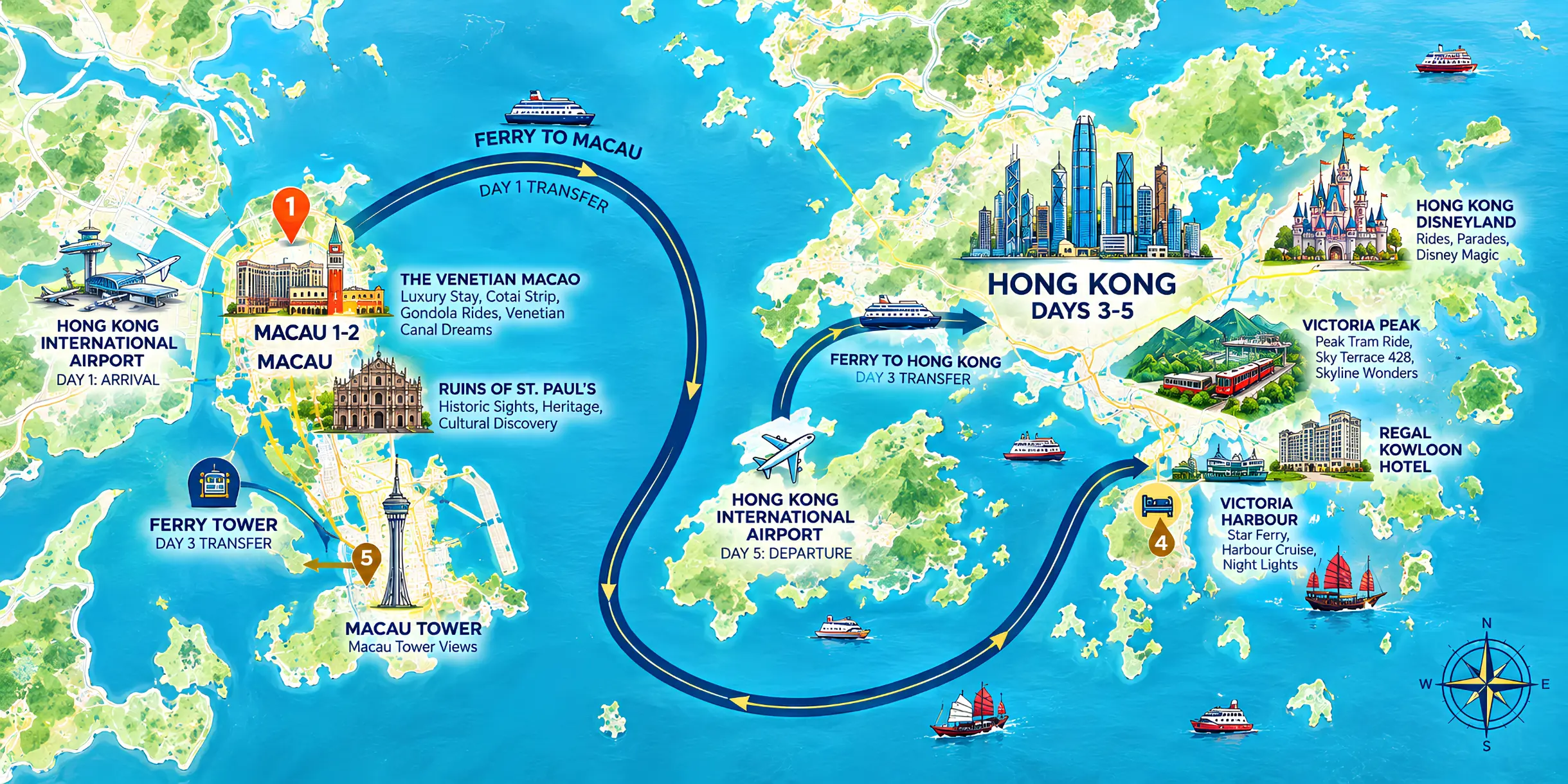 Illustrated travel route map for the 4-night 5-day Hong Kong and Macau tour package by Find Holidays, showing ferry transfers across the Pearl River Delta and key landmarks including The Venetian Macao, Victoria Peak, and Hong Kong Disneyland.