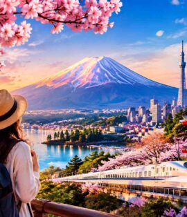 Japan tour package from Chennai featuring Mount Fuji, cherry blossoms, traditional temple and Shinkansen